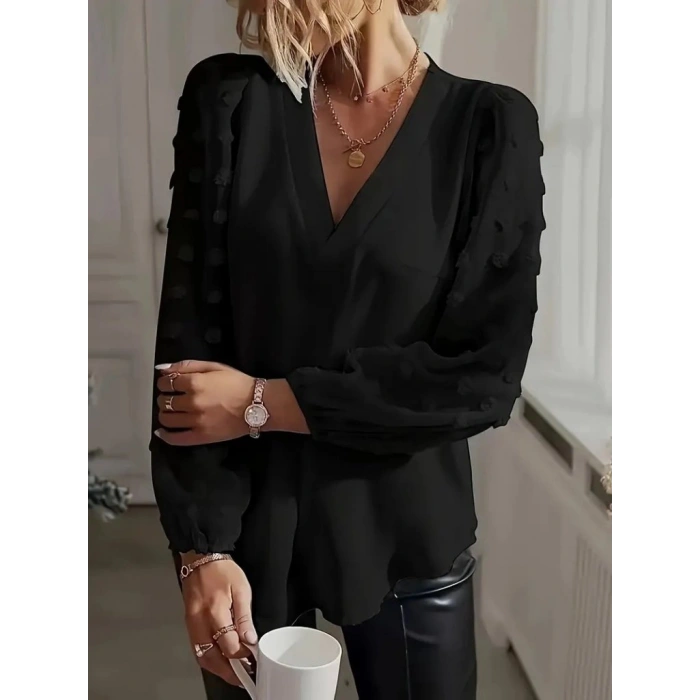 Kadın Uzun Kollu V Yakalı Kolları Popon Detaylı Sandy Bluz