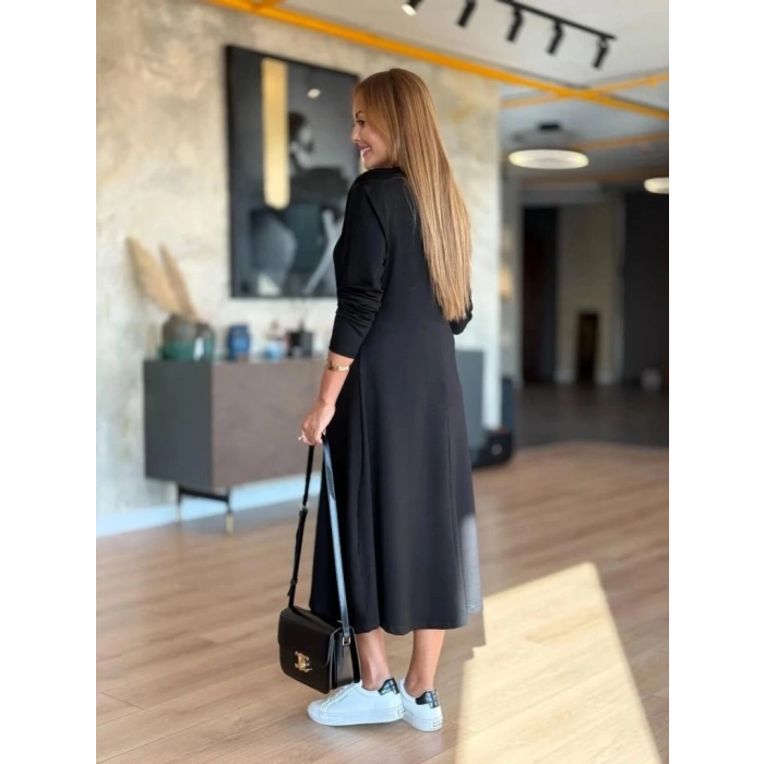 Kadın Uzun Kollu V Yakalı Midi Modal Elbise