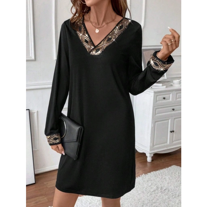 Kadın Uzun Kollu V Yakalı Pulpayet Detaylı Mini Ithal Krep Elbise