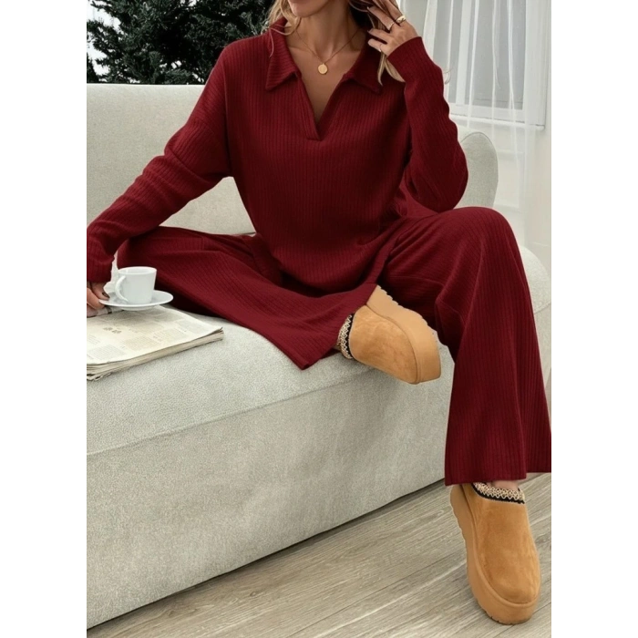 Kadın Uzun Kollu V Yakalı şardonlu Kaşkorse Bluz Ve Pantolon Ikili Takım