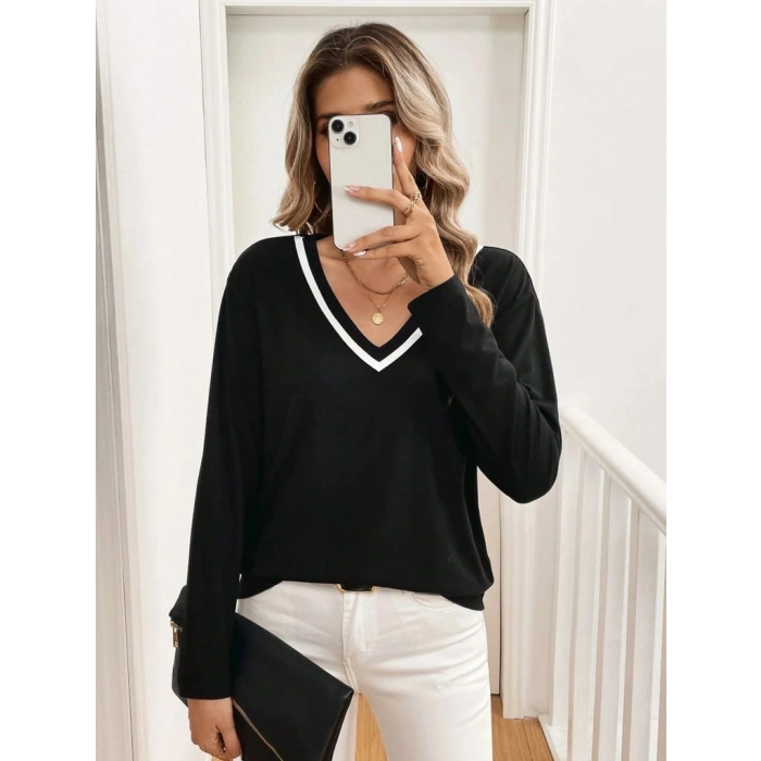 Kadın Uzun Kollu V Yakalı Viskon Iki Iplik Bluz