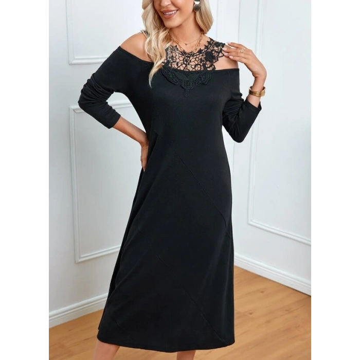 Kadın Uzun Kollu Yaka önü Güpürlü Madonna Yaka Viskon Midi Boy Elbise