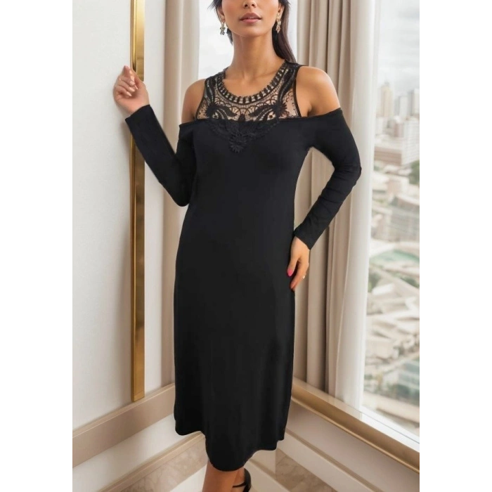 Kadın Uzun Kollu Yaka önü Güpürlü Madonna Yaka Viskon Midi Boy Elbise