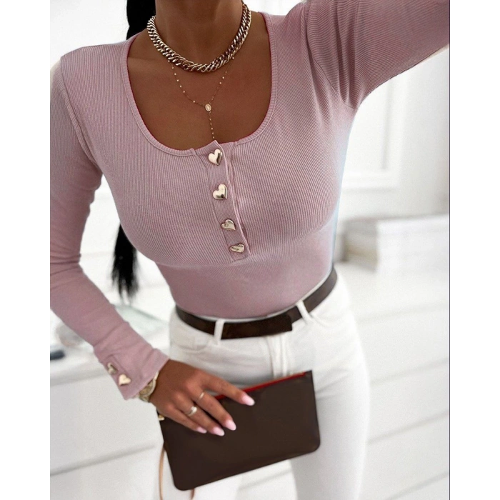 Kadın Uzun Kollu Yakadan Açık Ve Düğme Detaylı Kaşkorse Bluz