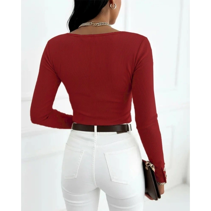 Kadın Uzun Kollu Yakadan Açık Ve Düğme Detaylı Kaşkorse Bluz