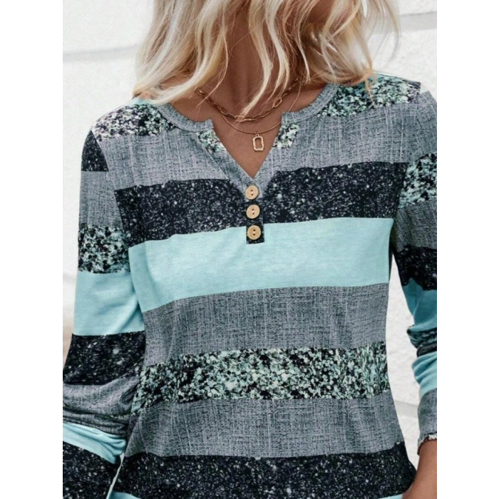 Kadın Uzun Kollu Yakadan Düğmeli çizgili Desenli Süprem Bluz