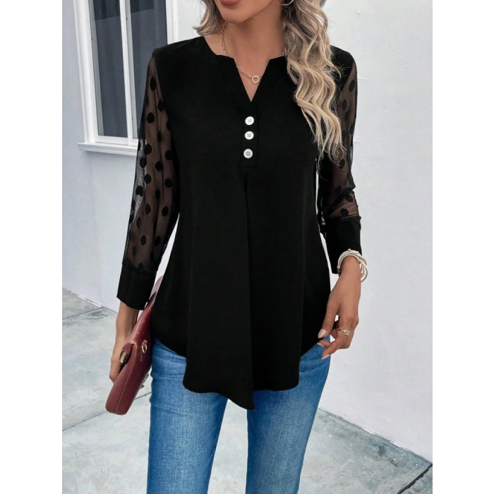 Kadın Uzun Kollu Yakadan Düğmeli Kolları Tül Detaylı Viskon Bluz