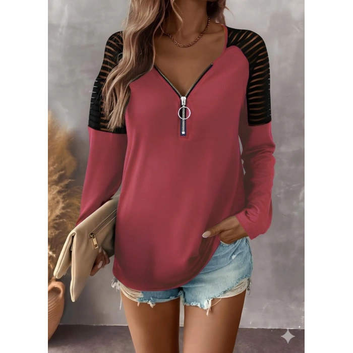 Kadın Uzun Kollu Yakadan Fermuarlı Viskon Bluz