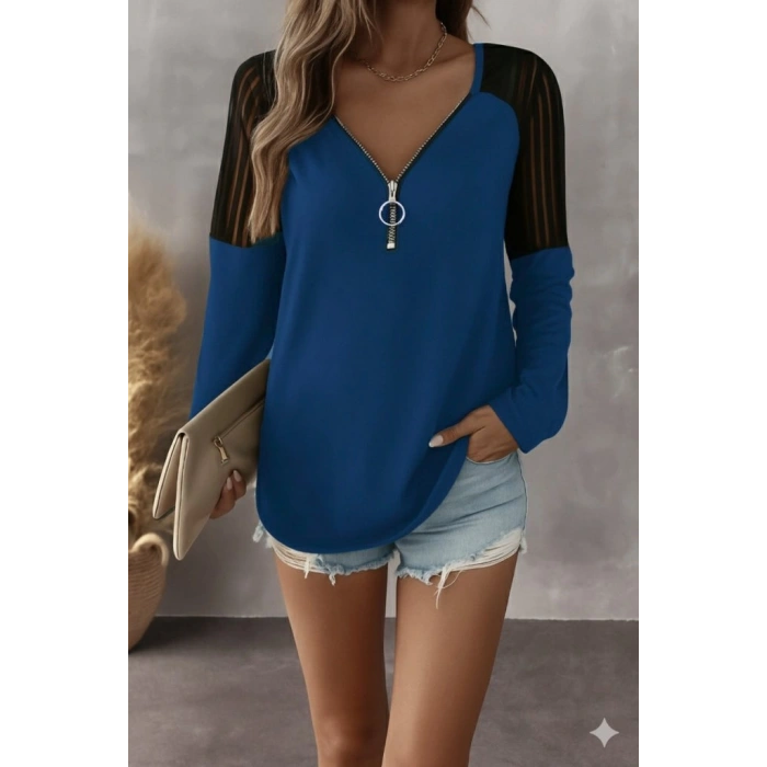 Kadın Uzun Kollu Yakadan Fermuarlı Viskon Bluz