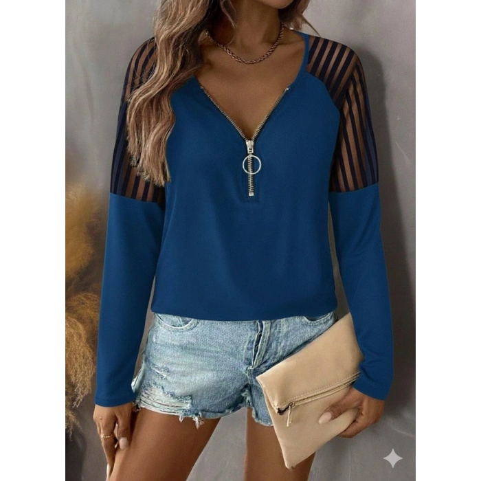 Kadın Uzun Kollu Yakadan Fermuarlı Viskon Bluz