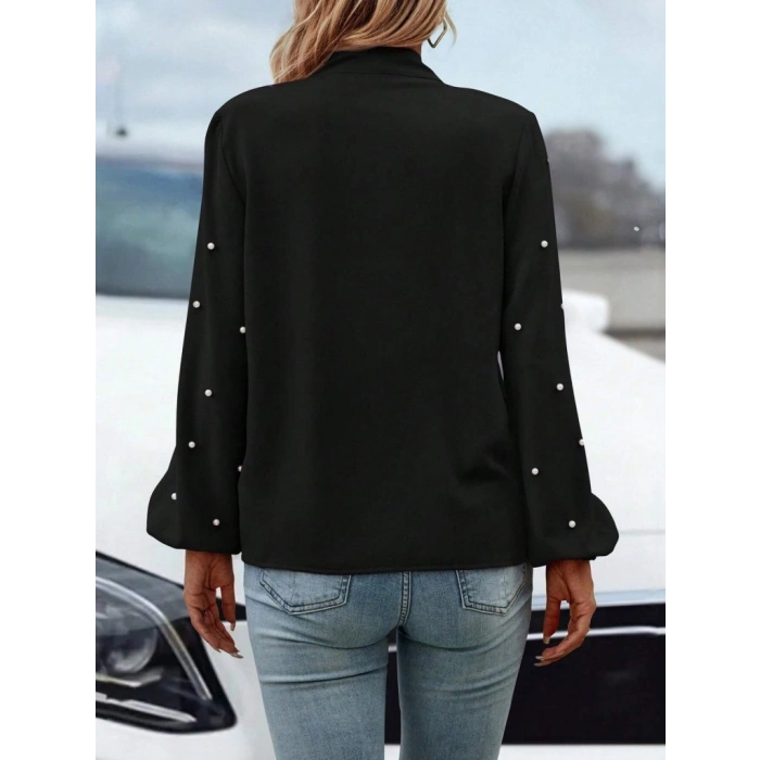 Kadın Uzun Kollu Yakadan Fiyonklu Incili Ithal Krep Bluz