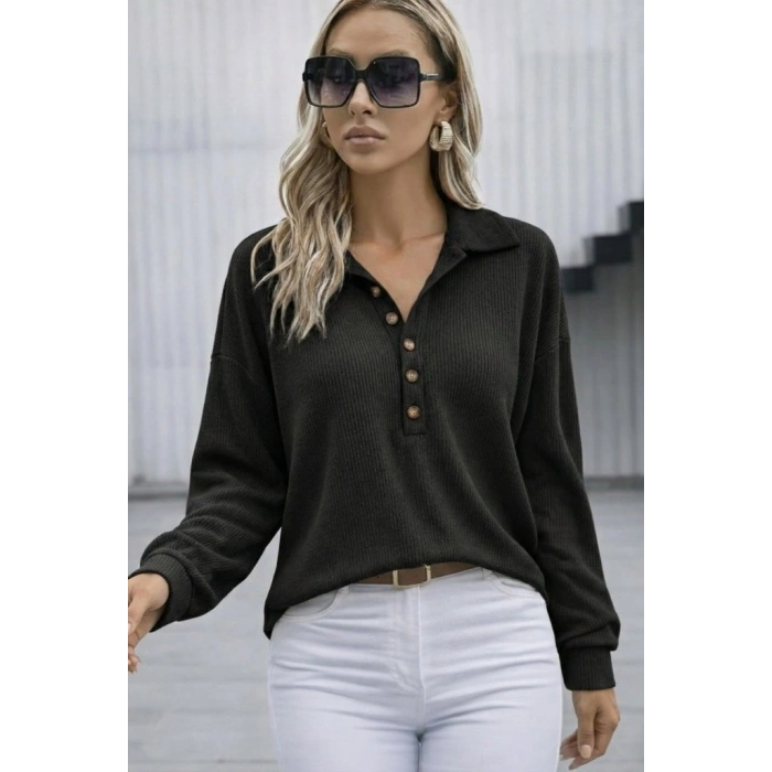 Kadın Uzun Kollu Yakalı Düğmeli Salaş Waffle Bluz