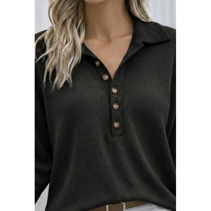 Kadın Uzun Kollu Yakalı Düğmeli Salaş Waffle Bluz