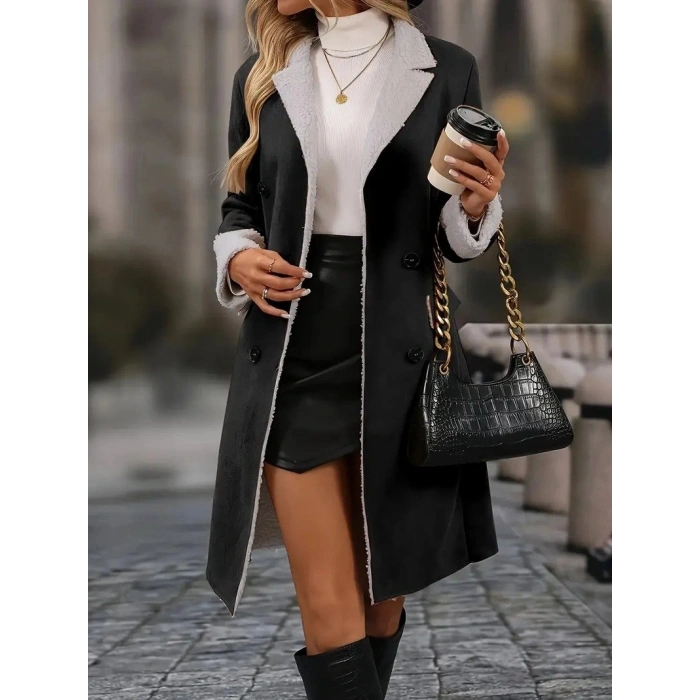 Kadın Uzun Kollu Yakalı Düğmeli Süet Mini Manto
