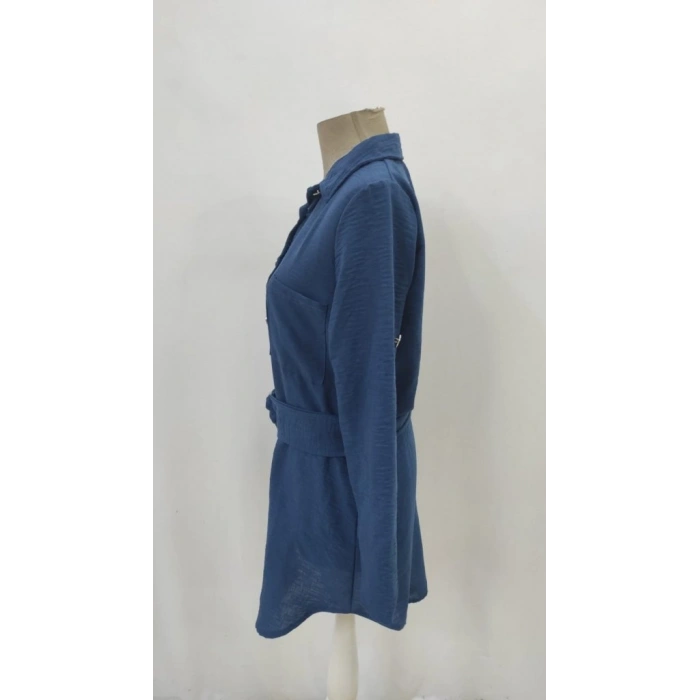 Kadın Uzun Kollu Yakalı önden Düğmeli Beli Kuşaklı Mini Ithal Keten Elbise