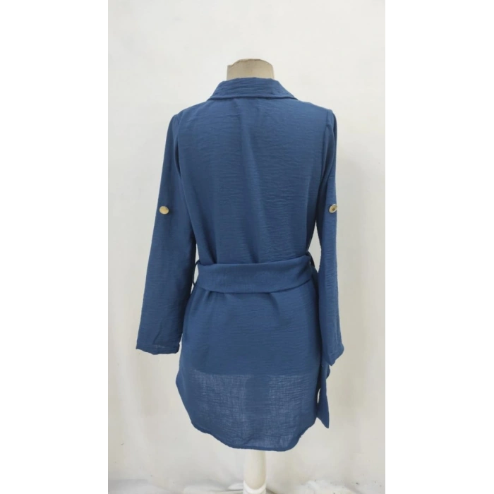 Kadın Uzun Kollu Yakalı önden Düğmeli Beli Kuşaklı Mini Ithal Keten Elbise