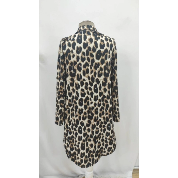 Kadın Uzun Kollu Yakalı önden Düğmeli Leopar Desenli Modal Midi Elbise