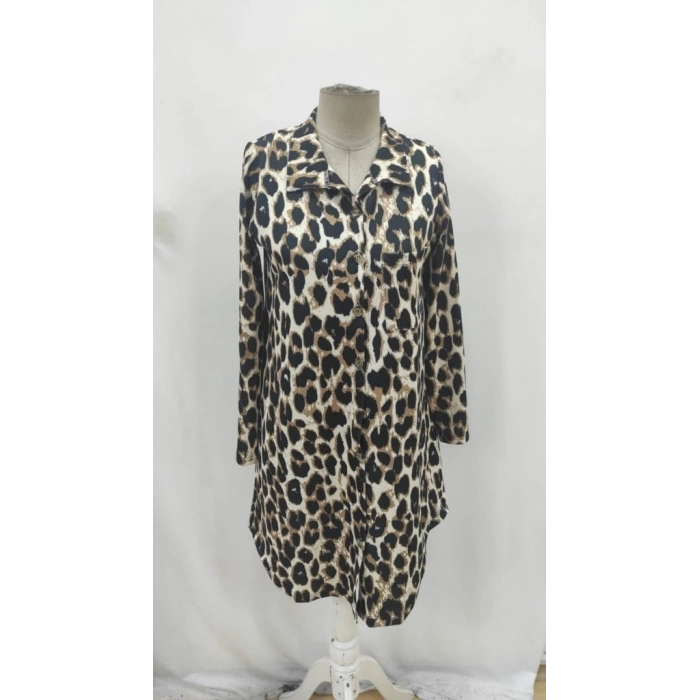 Kadın Uzun Kollu Yakalı önden Düğmeli Leopar Desenli Modal Midi Elbise