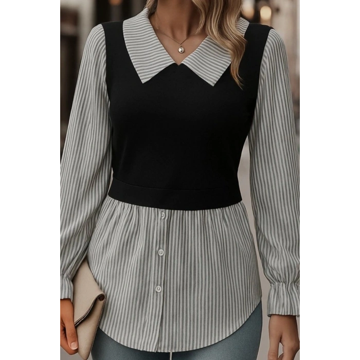 Kadın Uzun Kollu Yakalı önden Düğmeli Ottoman Bluz