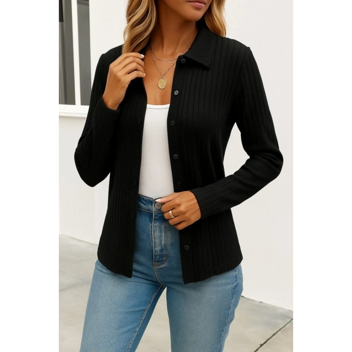 Kadın Uzun Kollu Yakalı önden Düğmeli Triko Ceket