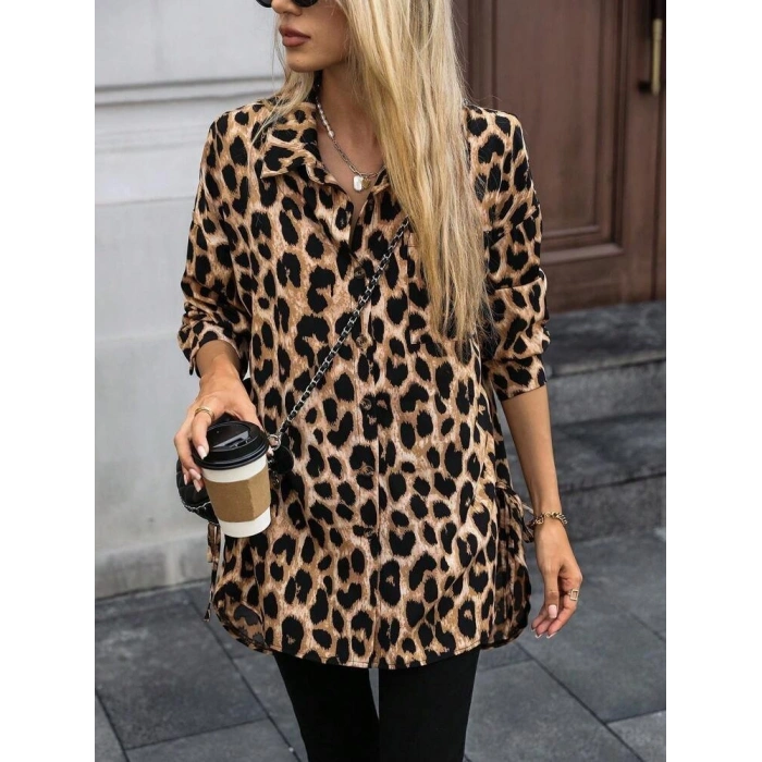 Kadın Uzun Kollu Yakalı önden Düğmeli Yandan Bağcıklı Leopar Desenli Modal Bluz