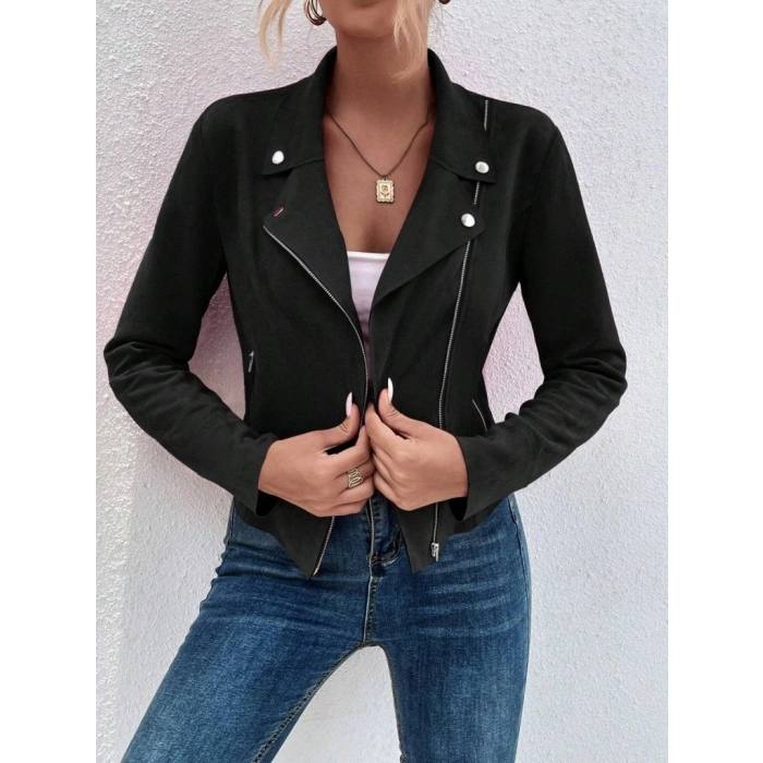 Kadın Uzun Kollu Yakalı önden Fermuarlı Kısa Süet Ceket