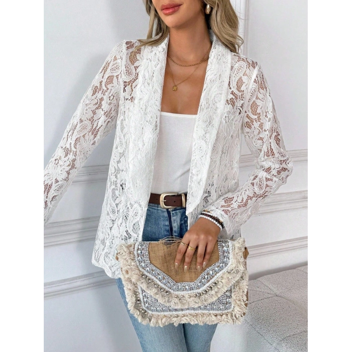 Kadın Uzun Kollu Yakalı önü Açık Dantelli Ceket