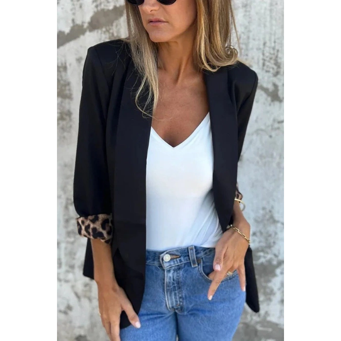 Kadın Uzun Kollu Yakalı önü Açık Leopar Desen Detaylı Astarlı Atlas Ceket