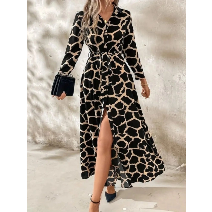 Kadın Uzun Kollu Yakalı önü Düğmeli Desenli Belden Kuşaklı Uzun Süprem Elbise