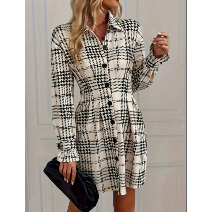 Kadın Uzun Kollu Yakalı önü Düğmeli Mini Modal Elbise