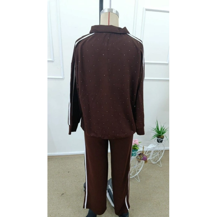 Kadın Uzun Kollu Yakalı şerit Detaylı Viskon Iki Iplik Bluz Ve Pantolon Ikili Takım