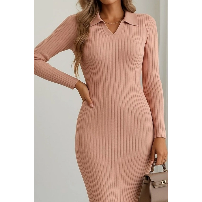 Kadın Uzun Kollu Yakalı Triko Elbise