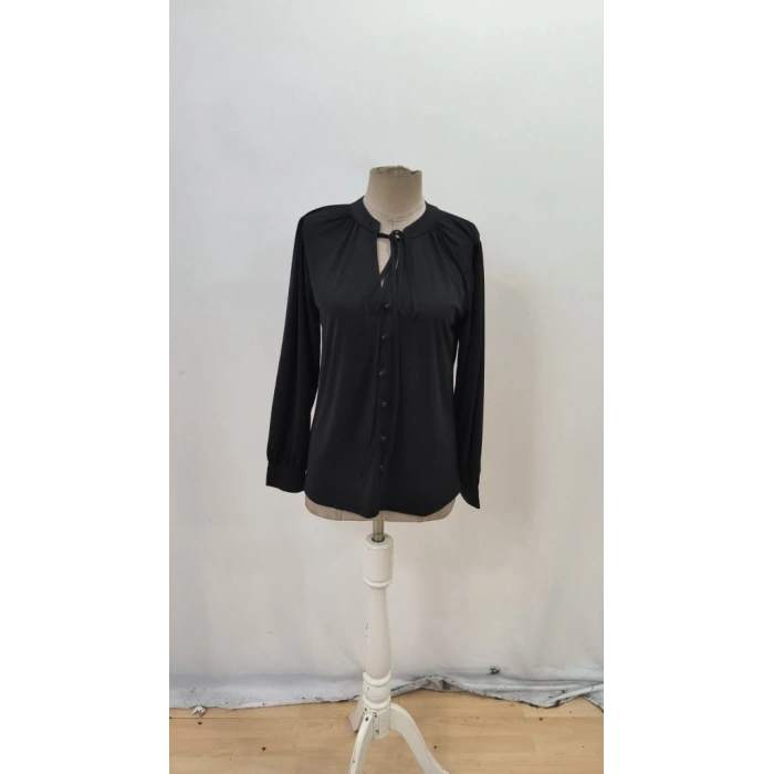 Kadın Uzun Kollu Yakalı Yakadan Bağcıklı Düğmeli Sandy Bluz