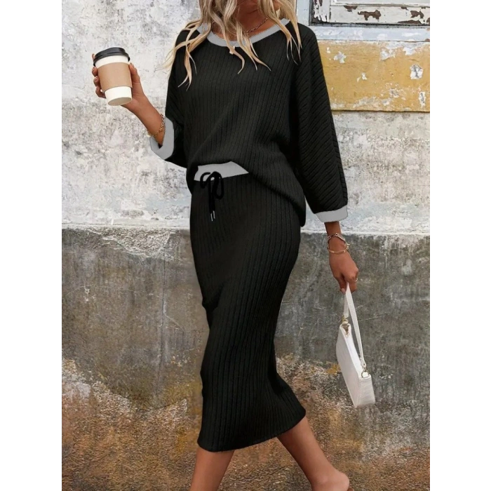 Kadın Uzun Kollu Yakası Açık şardonlu Kaşkorse Bluz Ve Eteği Bağcıklı Ikili Takım