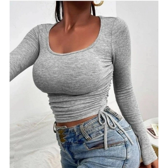 Kadın Uzun Kollu Yanlar Büzgü Detay Kaşkorse Crop