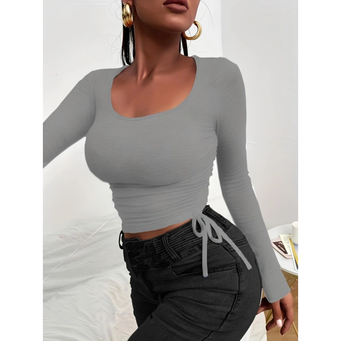 Kadın Uzun Kollu Yanlar Büzgü Detay Kaşkorse Crop