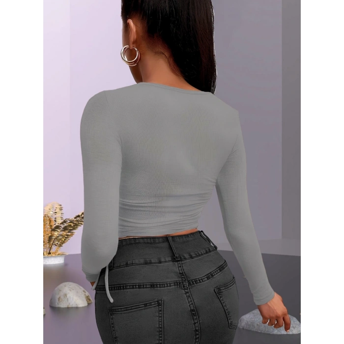 Kadın Uzun Kollu Yanlar Büzgü Detay Kaşkorse Crop