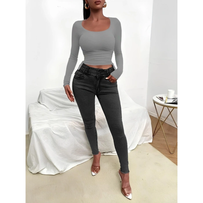 Kadın Uzun Kollu Yanlar Büzgü Detay Kaşkorse Crop