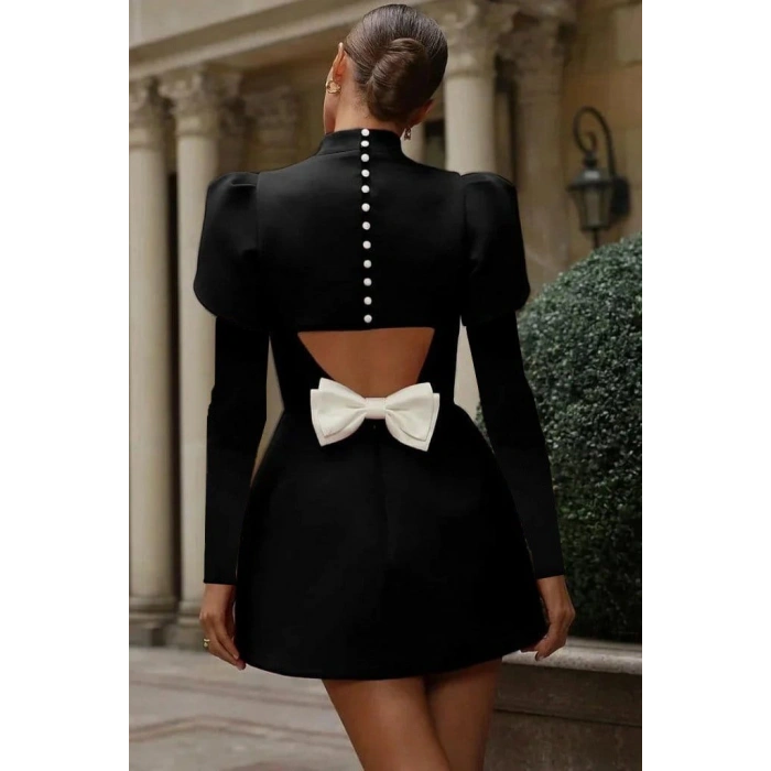 Kadın Uzun Kollu Yarı Balıkçı Yaka Arkadan Kurdela Detaylı Mini Atlas Elbise