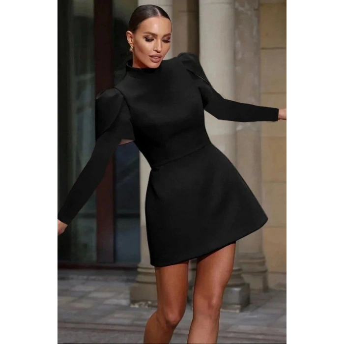 Kadın Uzun Kollu Yarı Balıkçı Yaka Arkadan Kurdela Detaylı Mini Atlas Elbise