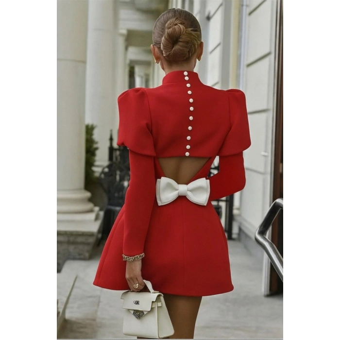 Kadın Uzun Kollu Yarı Balıkçı Yaka Arkadan Kurdela Detaylı Mini Atlas Elbise