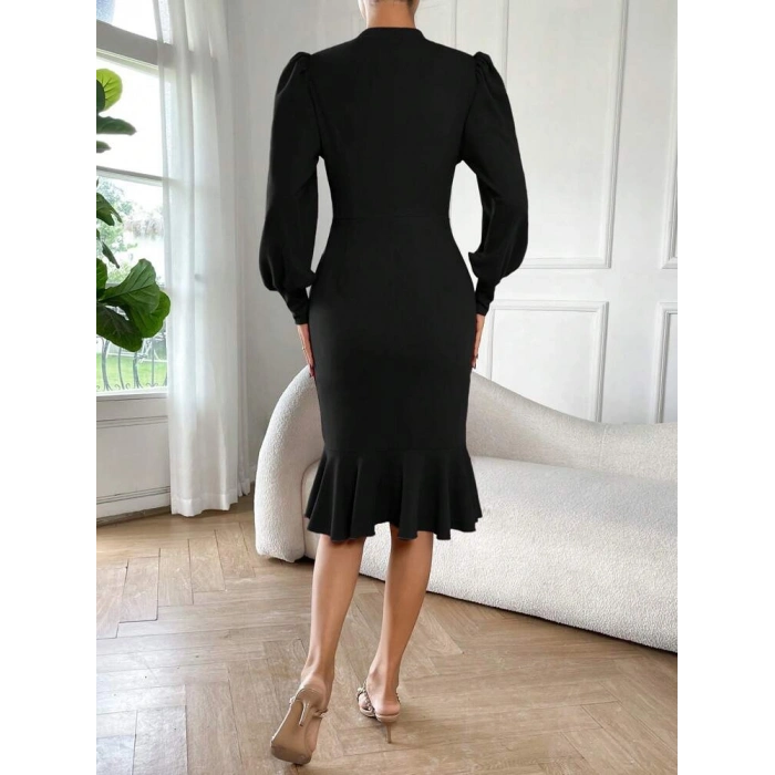 Kadın Uzun Kollu Yarı Balıkçı Yaka Etek Ucu Fırfır Detaylı Midi Ithal Krep Elbise