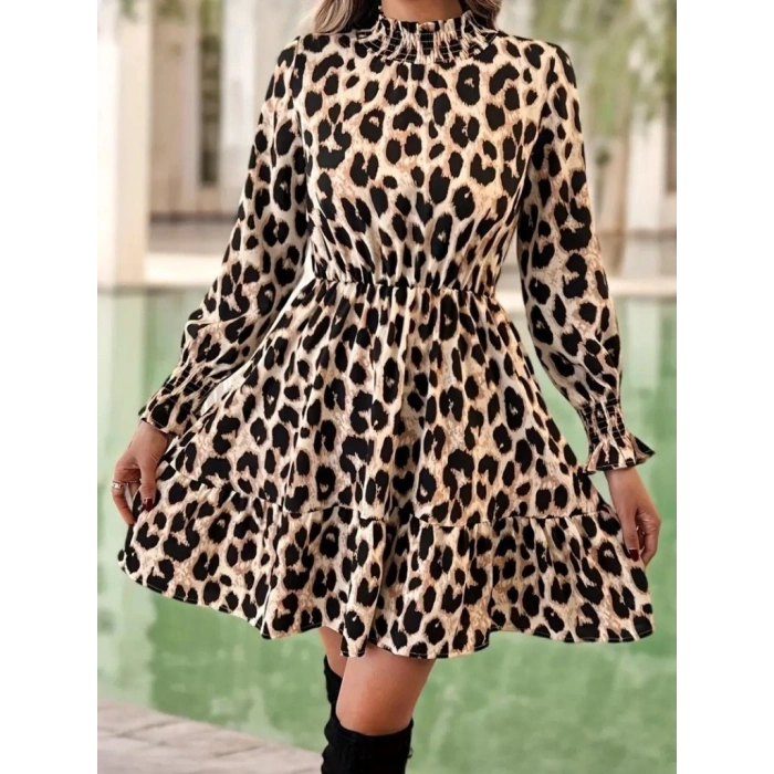 Kadın Uzun Kollu Yarı Balıkçı Yaka Leopar Desenli Modal Mini Elbise