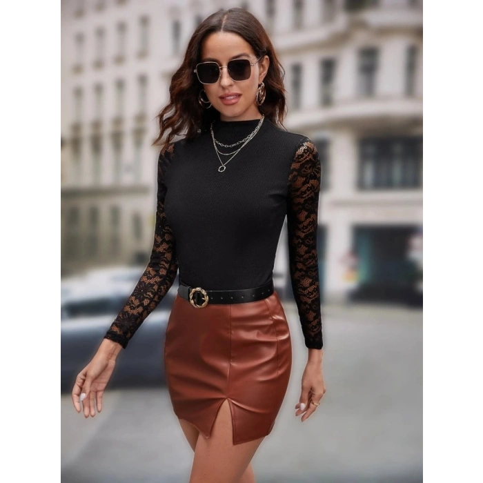 Kadın Uzun Kollu Yarı Balıkçı Yaka Tüllü Kaşkorse Bluz