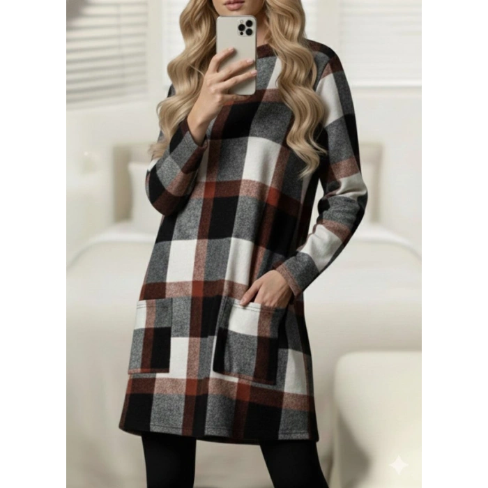 Kadın Uzun Kollu Yarı Balıkçı Yakalı Cep Detaylı Ekoseli Dokuma Tunik