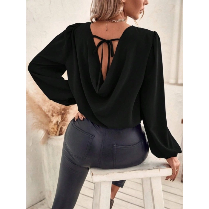 Kadın Uzun Kollu Yuvarlak Yaka Arkadan Bağcıklı Salaş Ithal Krep Bluz