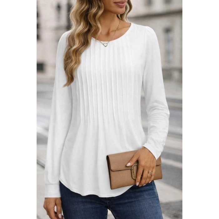 Kadın Uzun Kollu Yuvarlak Yaka Nervürlü Bluz