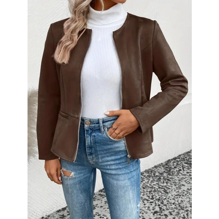 Kadın Uzun Kollu Yuvarlak Yaka önden Fermuarlı Süet Ceket