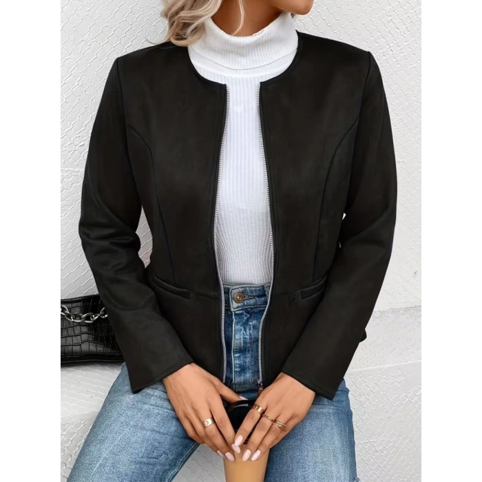 Kadın Uzun Kollu Yuvarlak Yaka önden Fermuarlı Süet Ceket