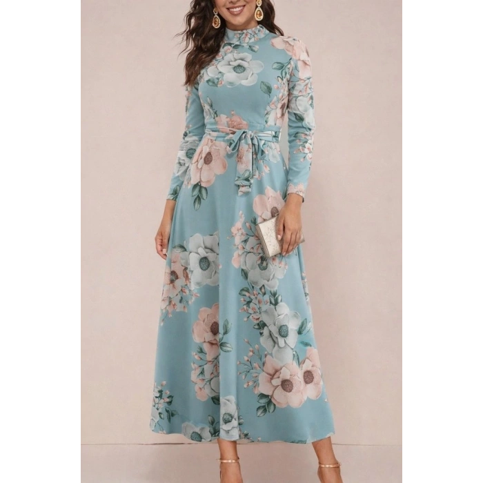 Kadın Uzun Kollu Yuvarlak Yakalı Beli Kuşaklı Desenli Süprem Uzun Elbise